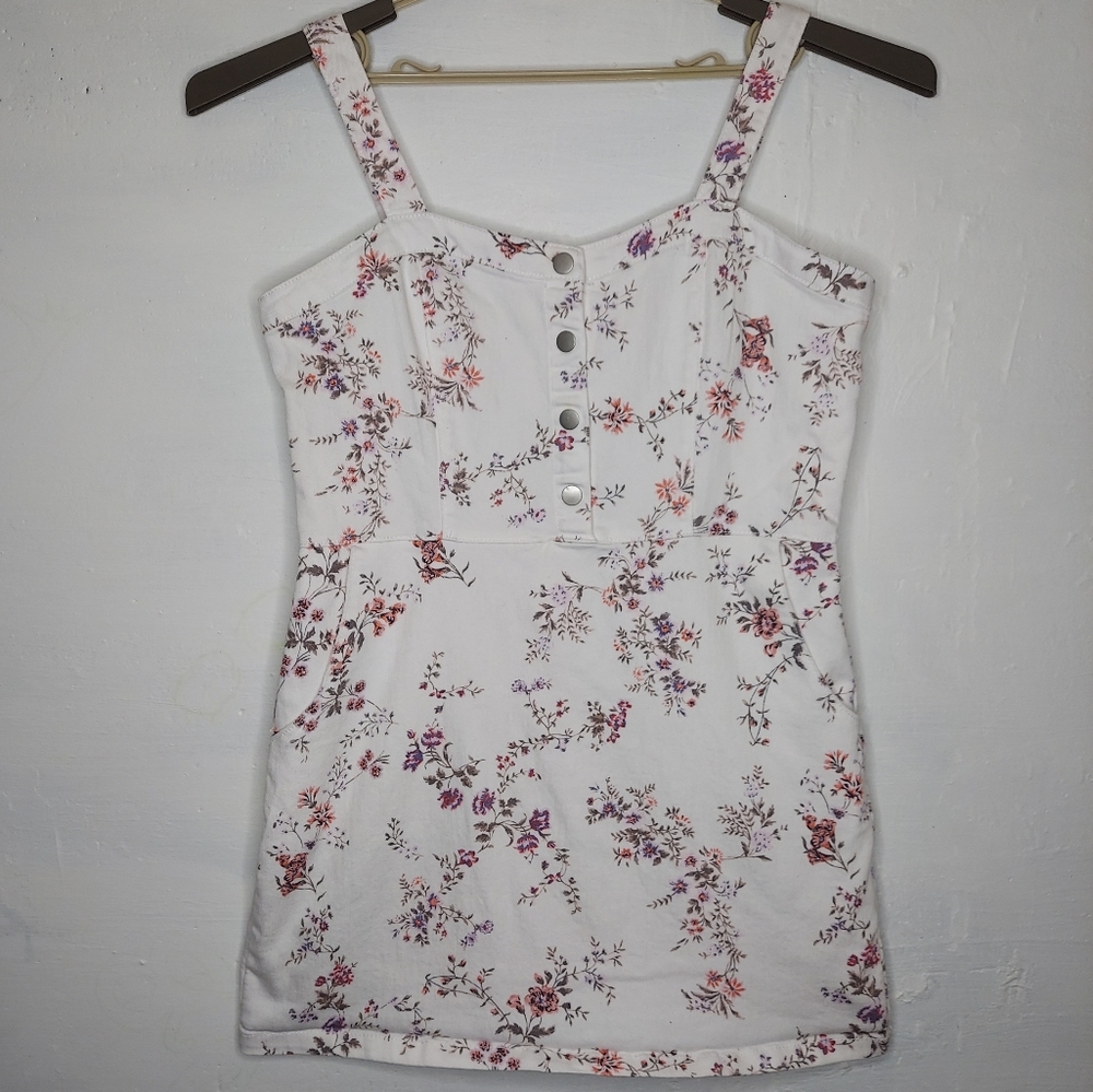 No Boundaries Overall Dress Denim Floral Mini Stretch White Purple Pocket XXL Jr